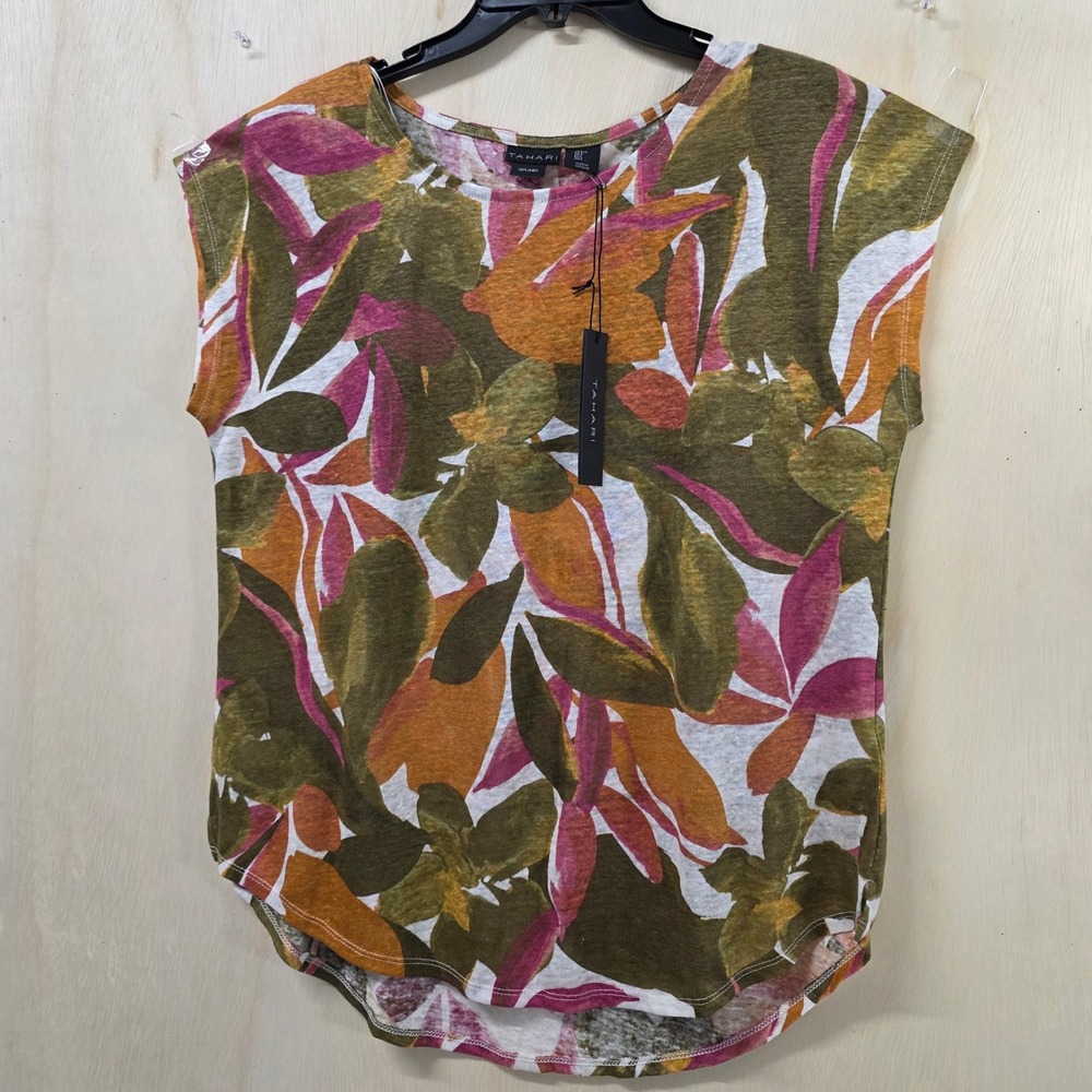 Tahari 100% Linen Floral Leaf Print Cap Sleeve Top Green Orange Large NWT